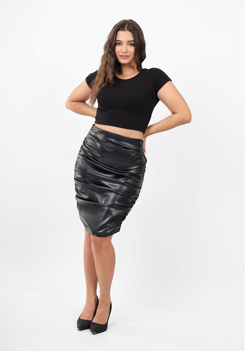 Black Leather Ruched Skirt, styled on model, full-length view