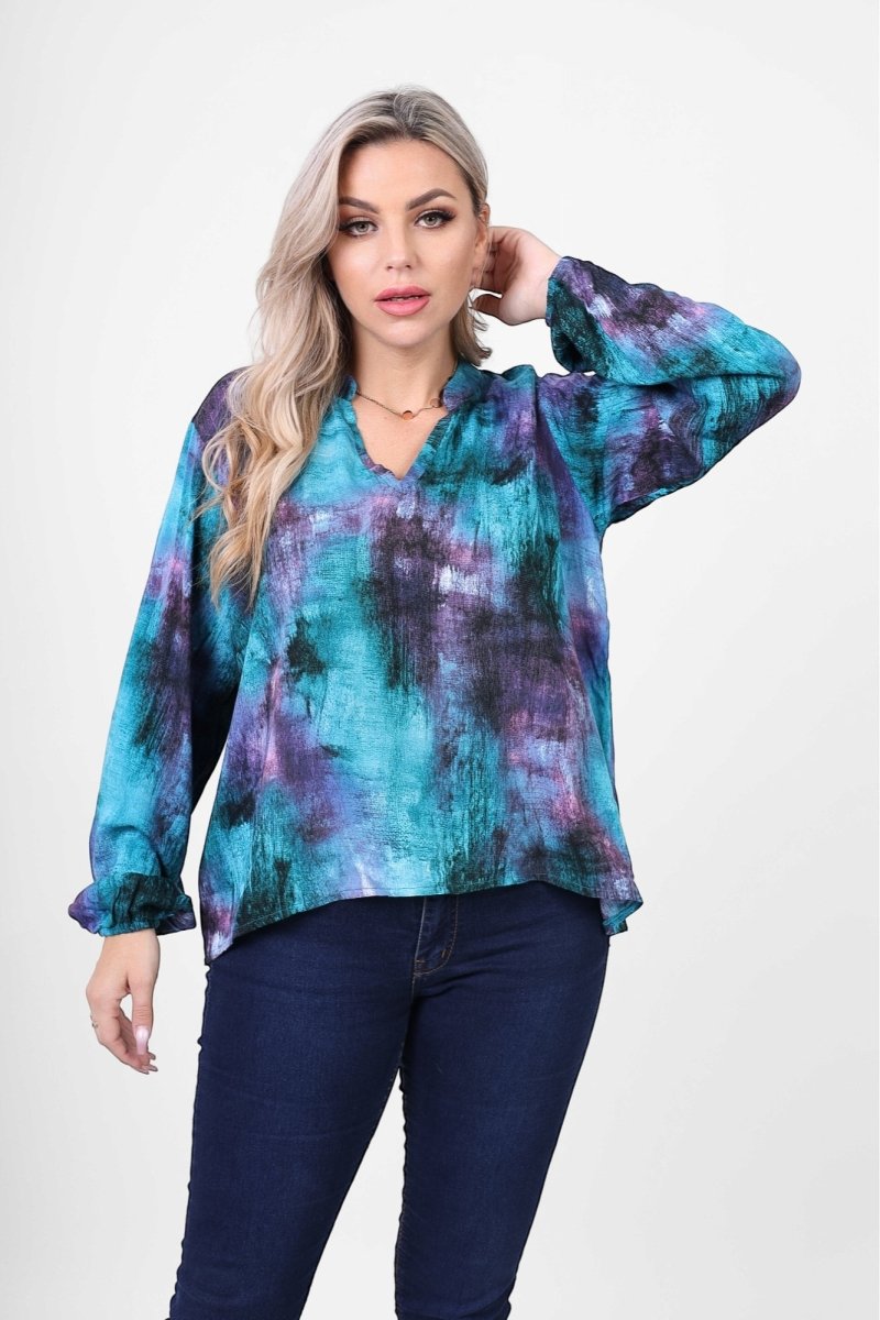 Trendy Printed V-Neck Blouse, close-up of design detail