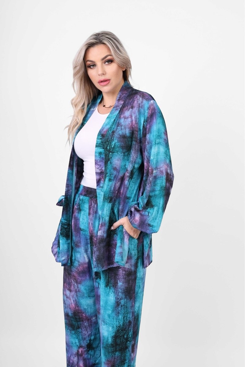 Printed Tie-Front Blouse & Wide-Leg Pants Set, close-up of design detail