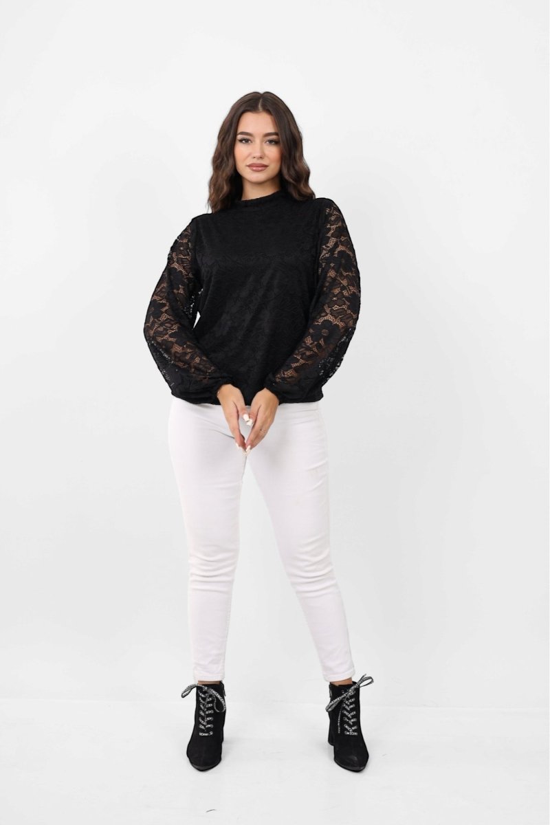 Black Long Sleeves Lace Blouse, styled on model, full-length view