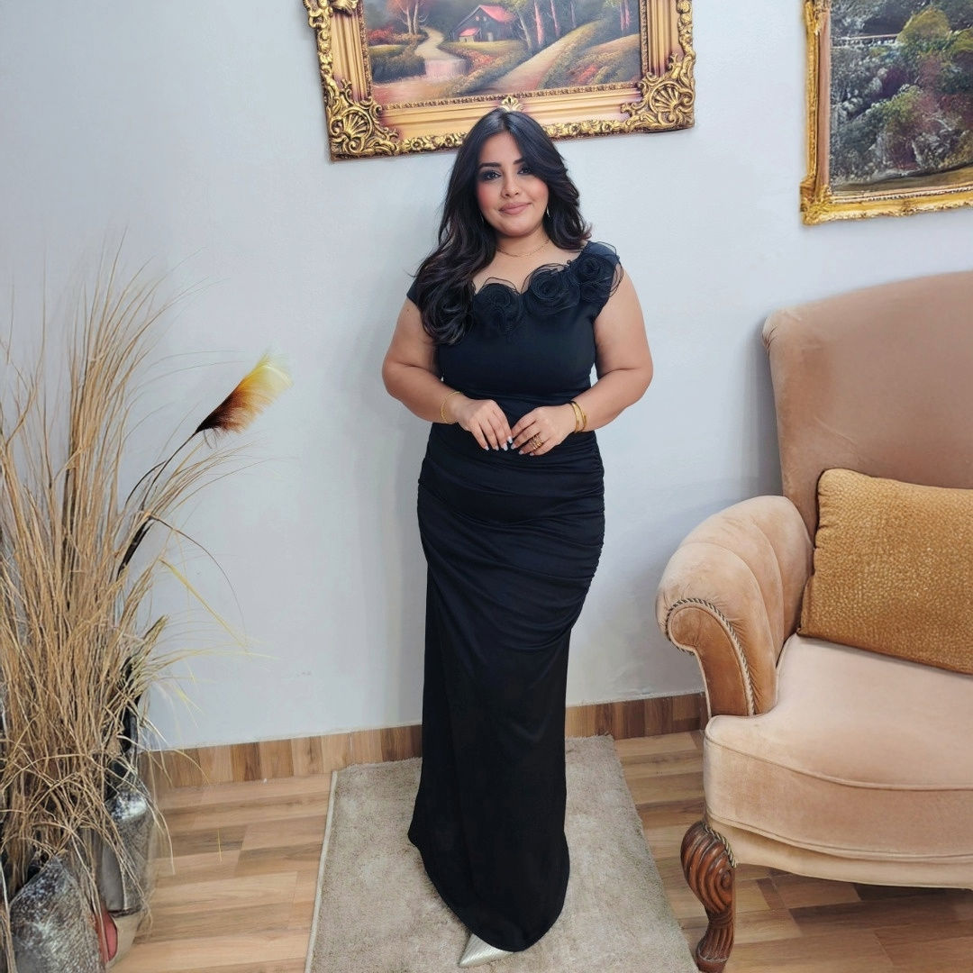 Black Evening Dress with Floral Neck – SHE Brand