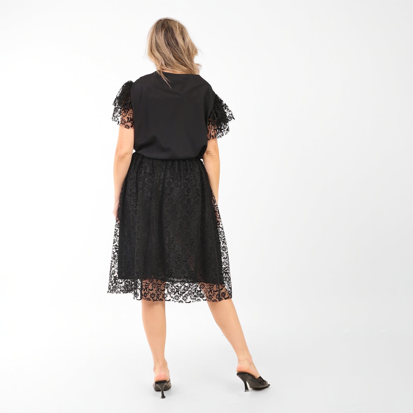 Black Soft Crepe Blouse with Embroidered Lace Sleeves