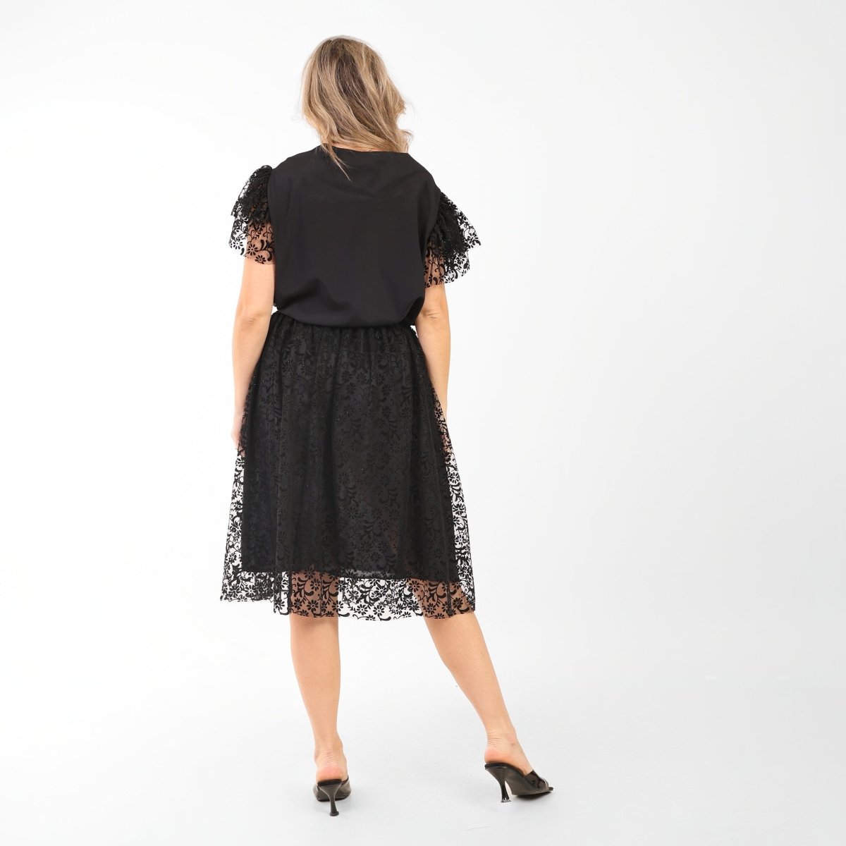 Black Soft Crepe Blouse with Embroidered Lace Sleeves