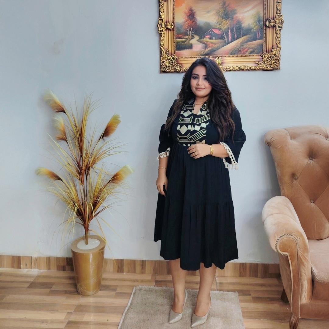 Black Soft-Crepe Embroidered Dress SHE Brand Black Soft-Crepe Embroidered Dress SHE Brand
