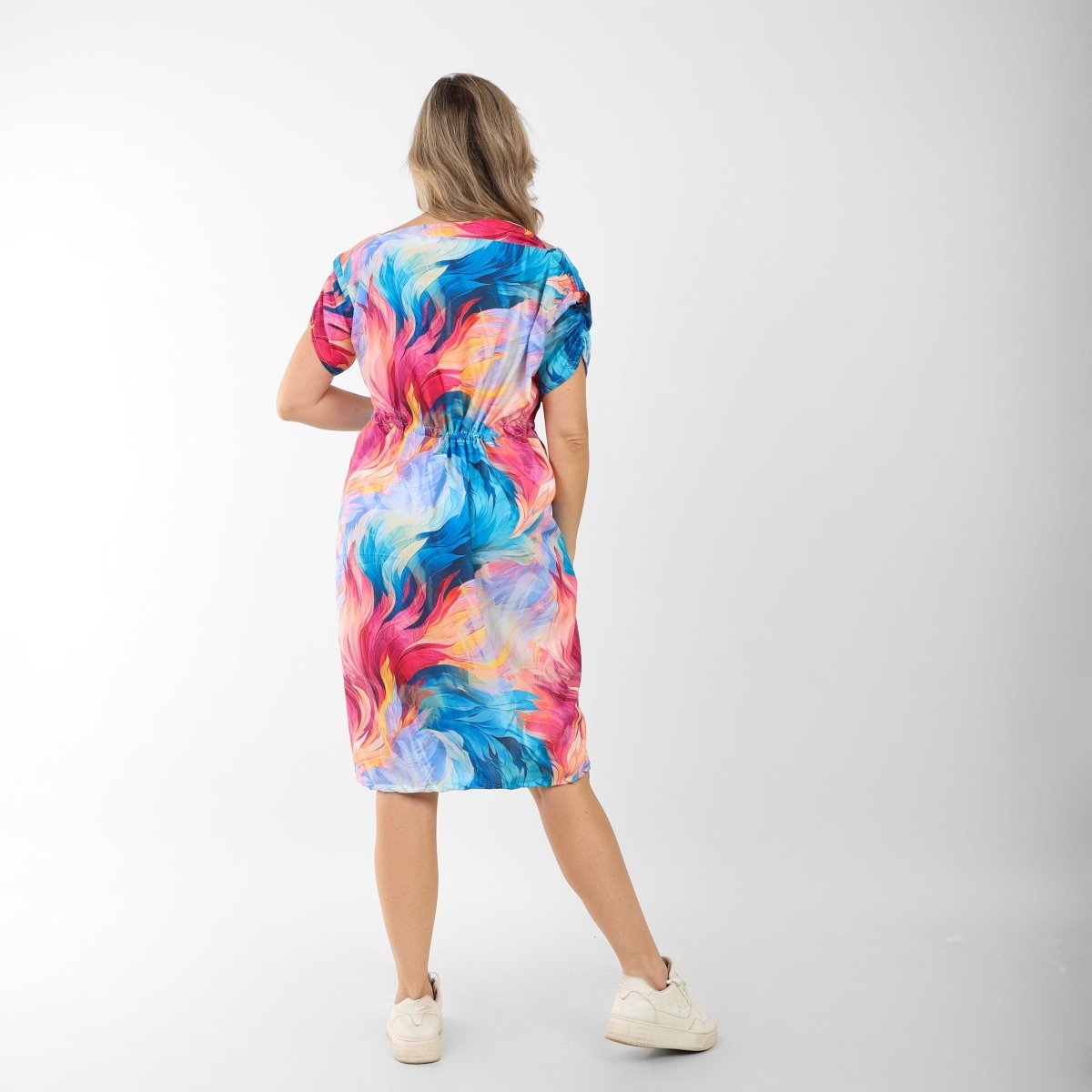Color Dress โ Soft Embossed Fabric, styled on model, full-length view