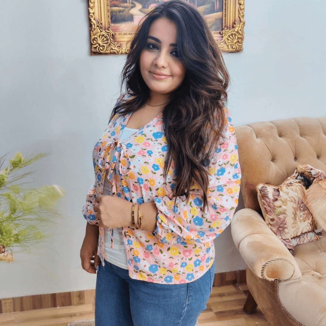 Floral Viscose-Cotton Tie-Front Blouse