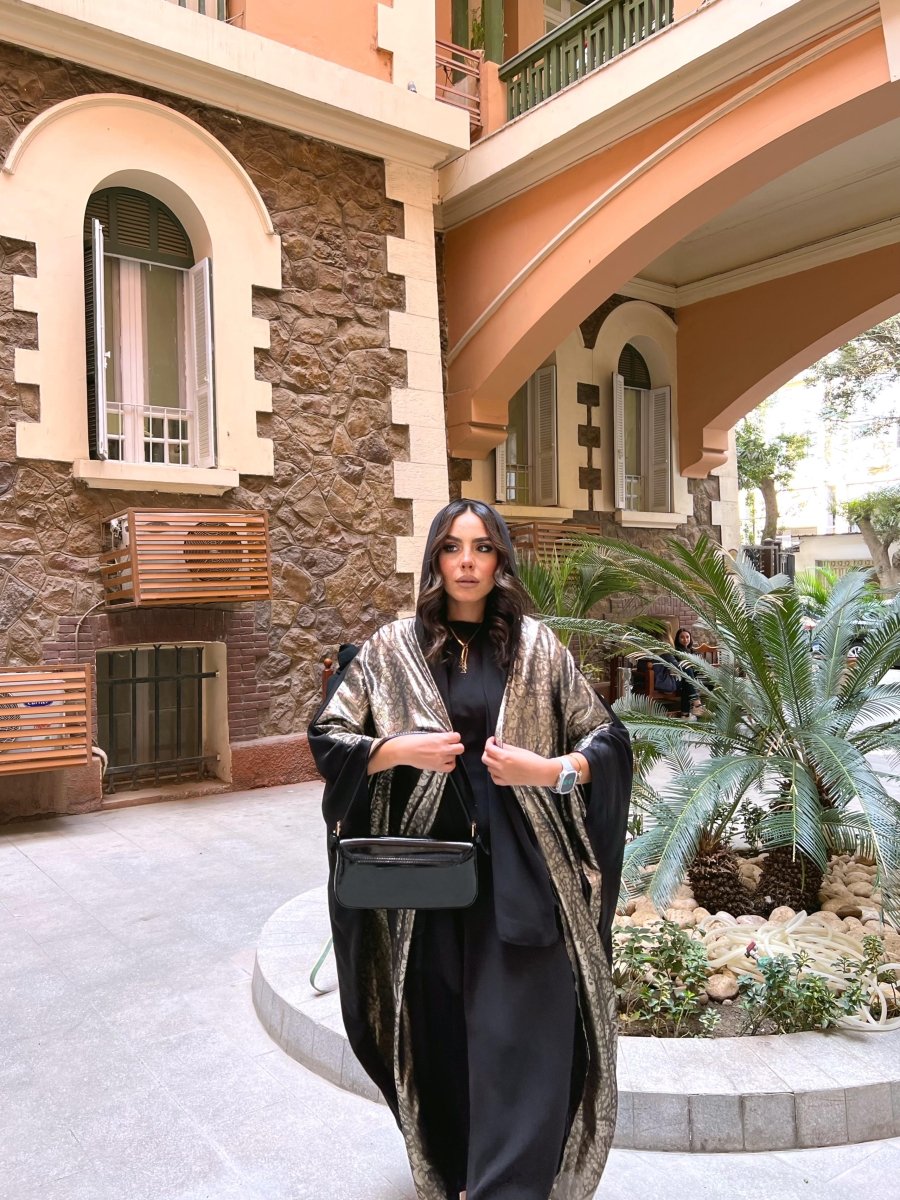 Kimono Gold & Black, styled on model, full-length view