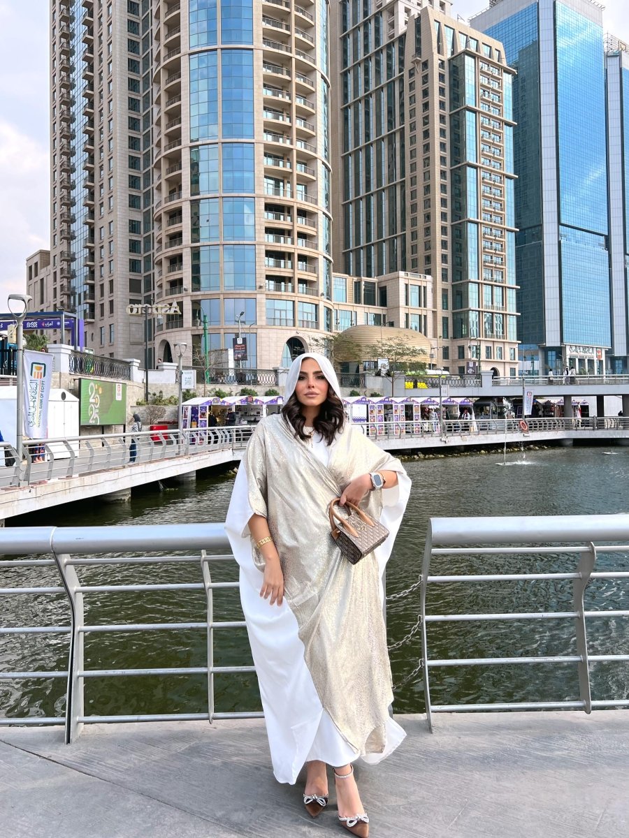 Kimono Gold & White, styled on model, full-length view