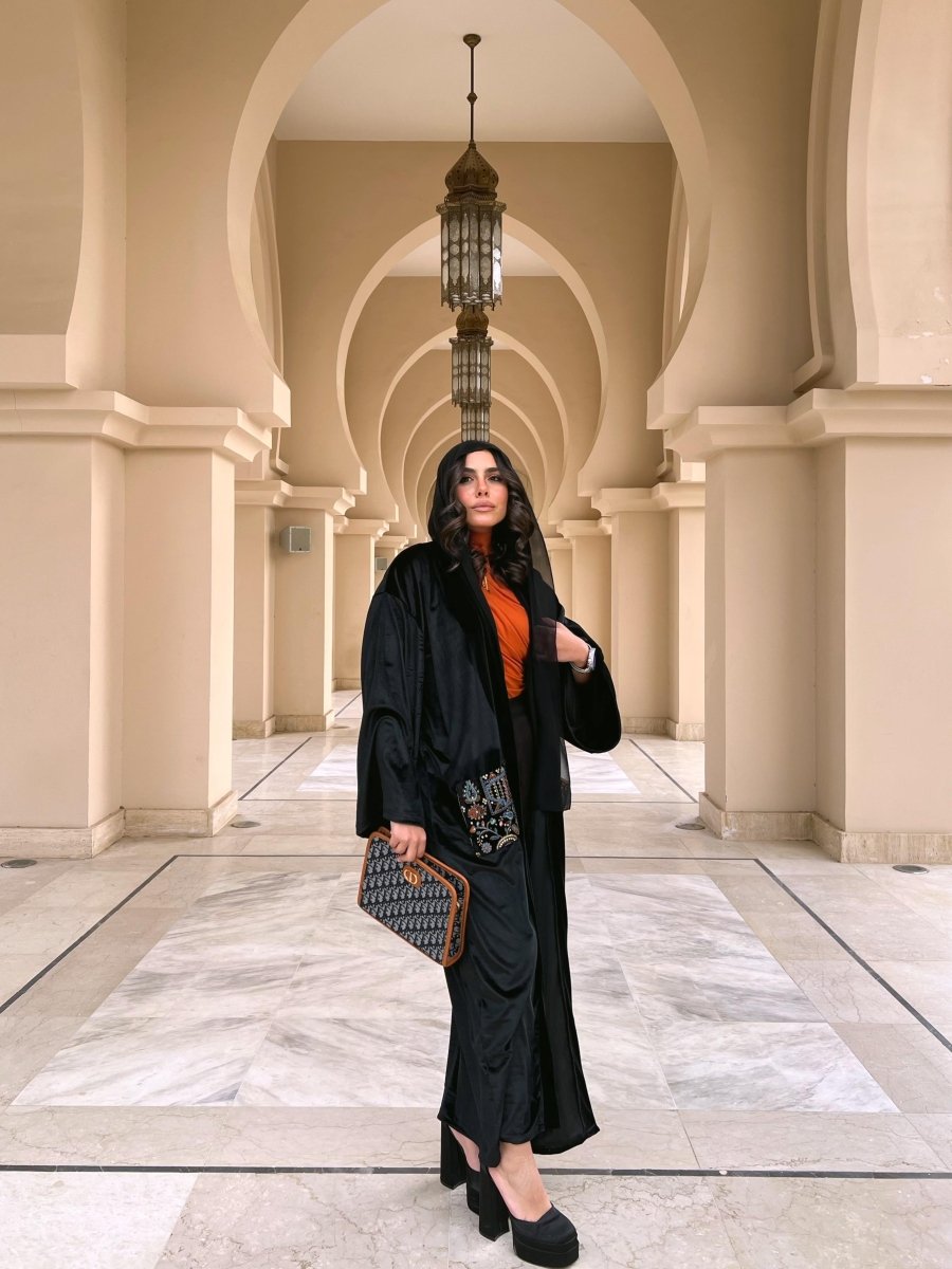 Velvet Long Kimono, styled on model, full-length view