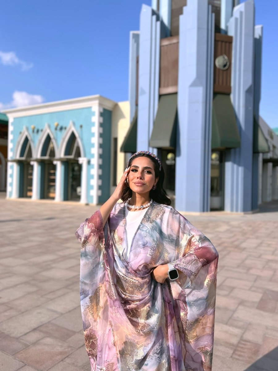 Luxe Organza Kimono, styled on model, full-length view