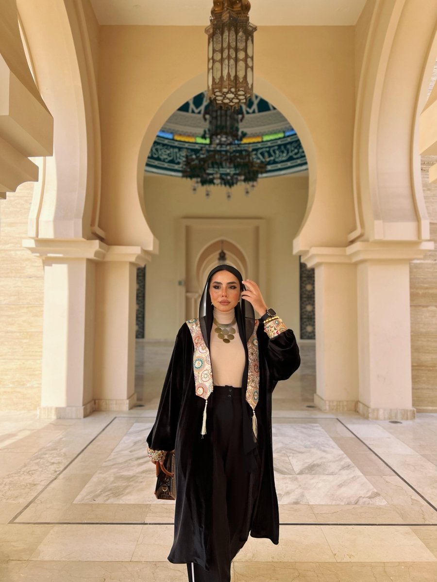 Velvet Embroidered Kimono, styled on model, full-length view