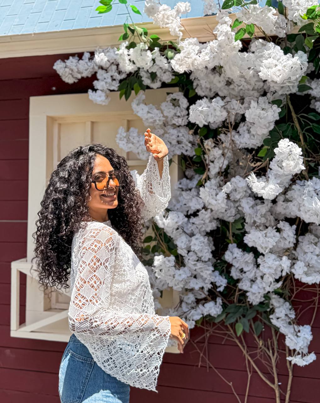 Mesh Bell Sleeve Top, styled on model, full-length view