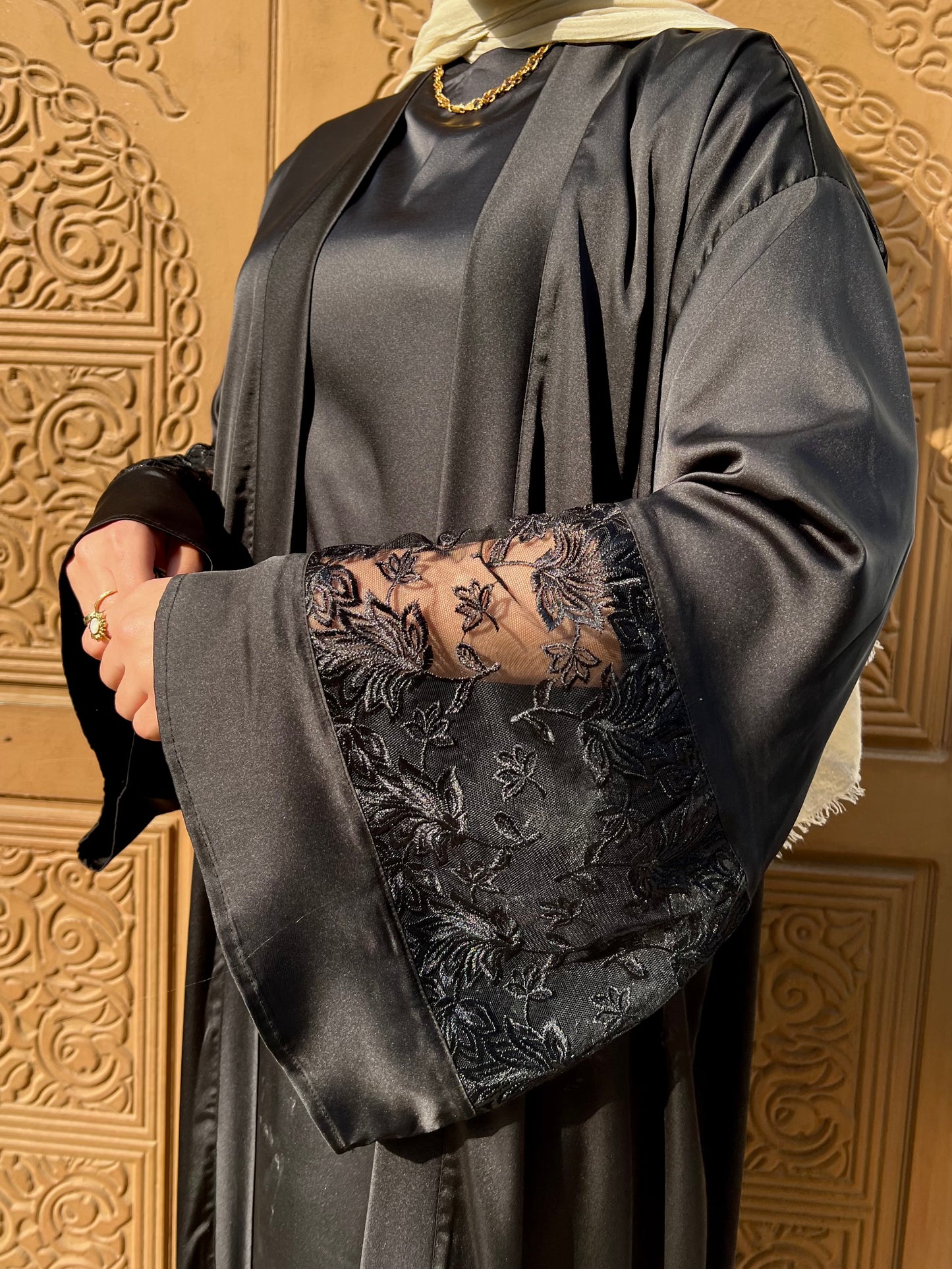 Elegant Black Abaya with Dress, side view
