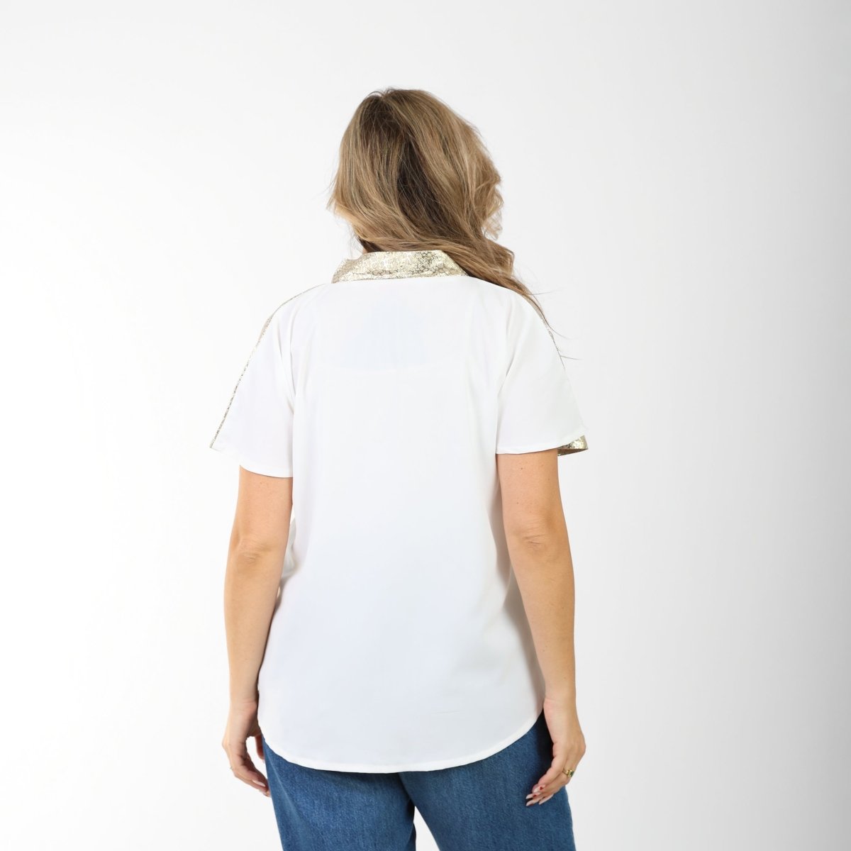 Jakarta Metallic Blouse with Soft Crepe Back – Gold Variants, styled on model, full-length view