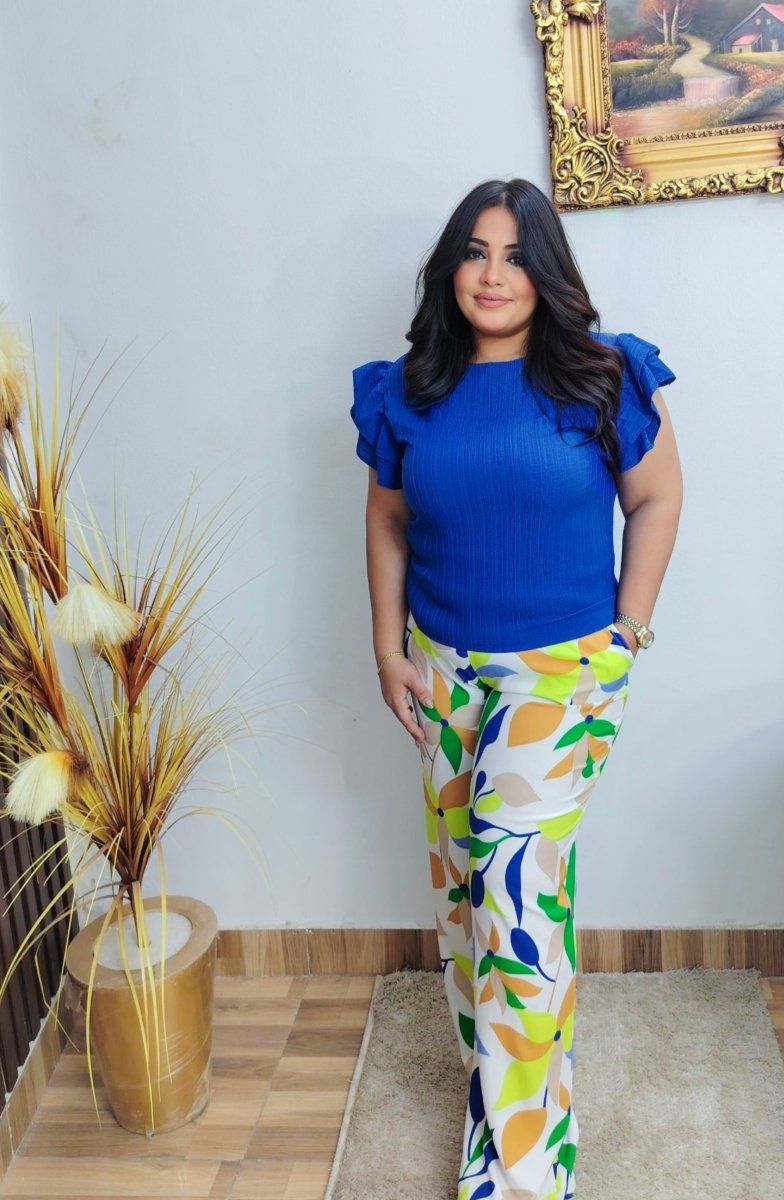 Floral Print Pants, styled on model, full-length view