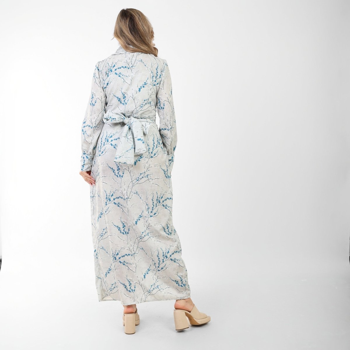 Long Dress with Blue Branch Print – Soft Embossed Fabric, alternate front view
