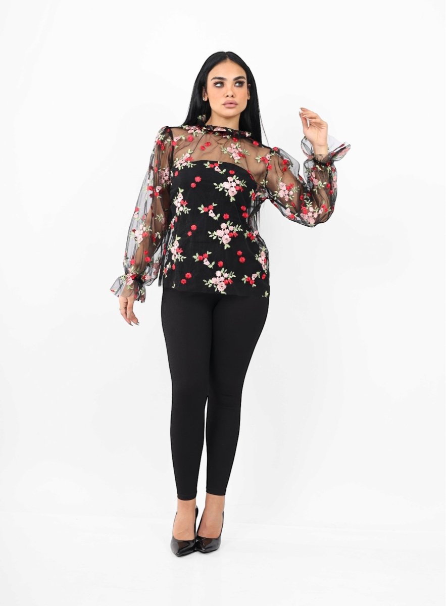 Tall Blouse with Floral Embroidery, close-up of fabric detail
