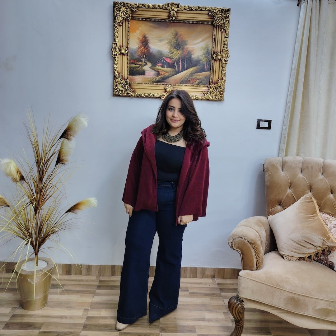 Ribbed Velvet Lycra Hooded Jacket – Soft Elegant Layer