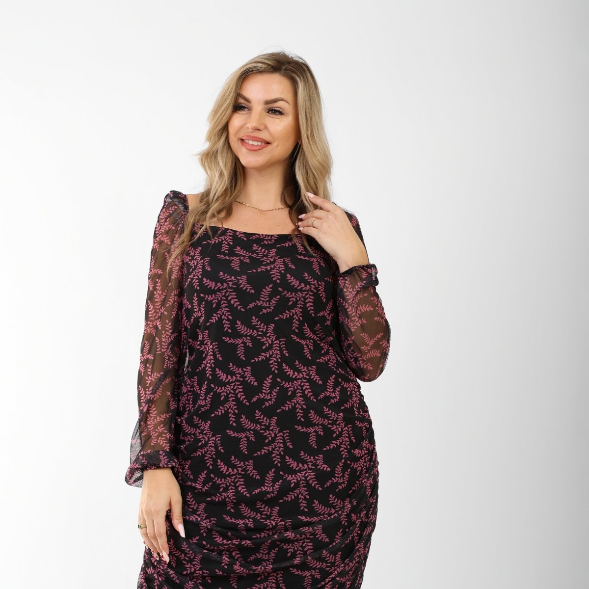 Ruched Midi Dress – Lined Lycra Tulle with Pink Leaf Print, styled on model, full-length view
