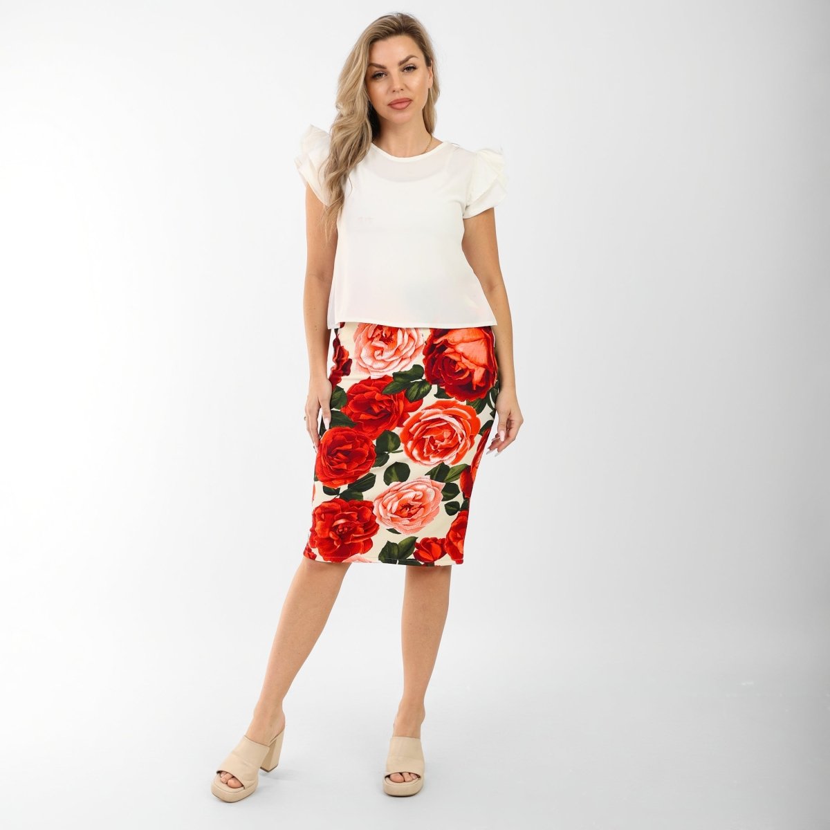Red Rose Print Pencil Skirt – Scopa Lycra, front view