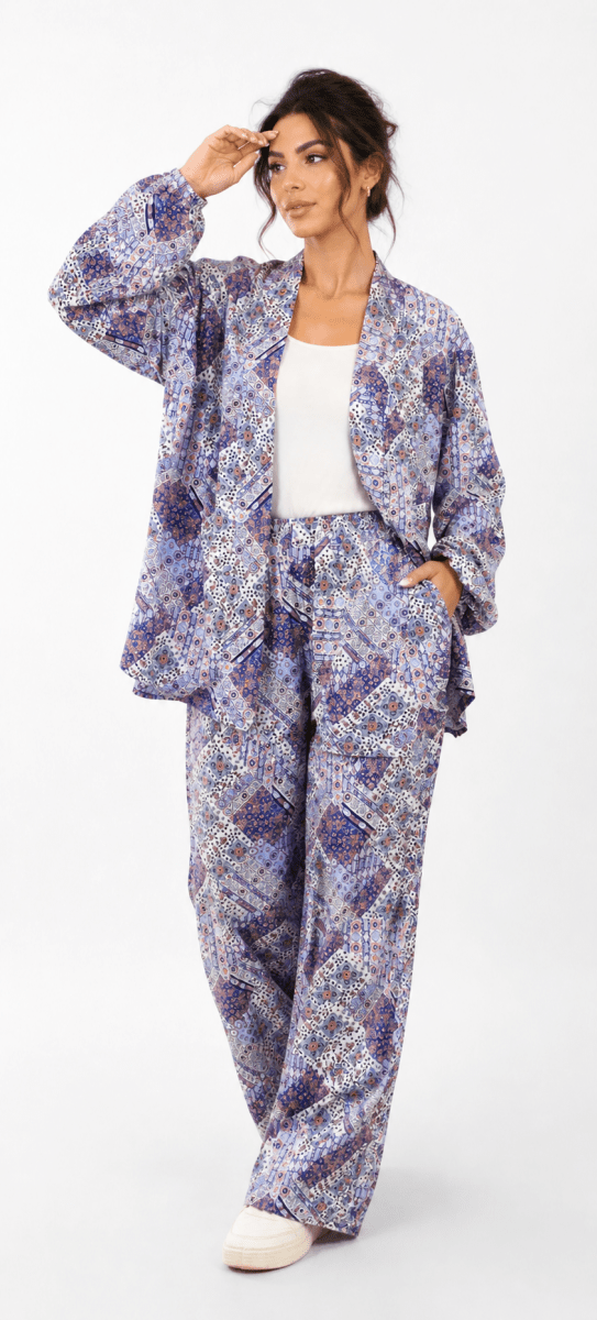 Blue Geometric Summer Suit – Viscose Cotton, front view
