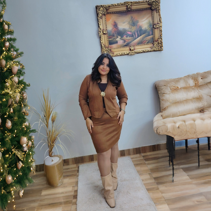 Brown Chamois Blazer & Skirt Set