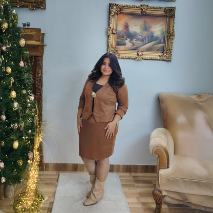 Brown Chamois Blazer & Skirt Set