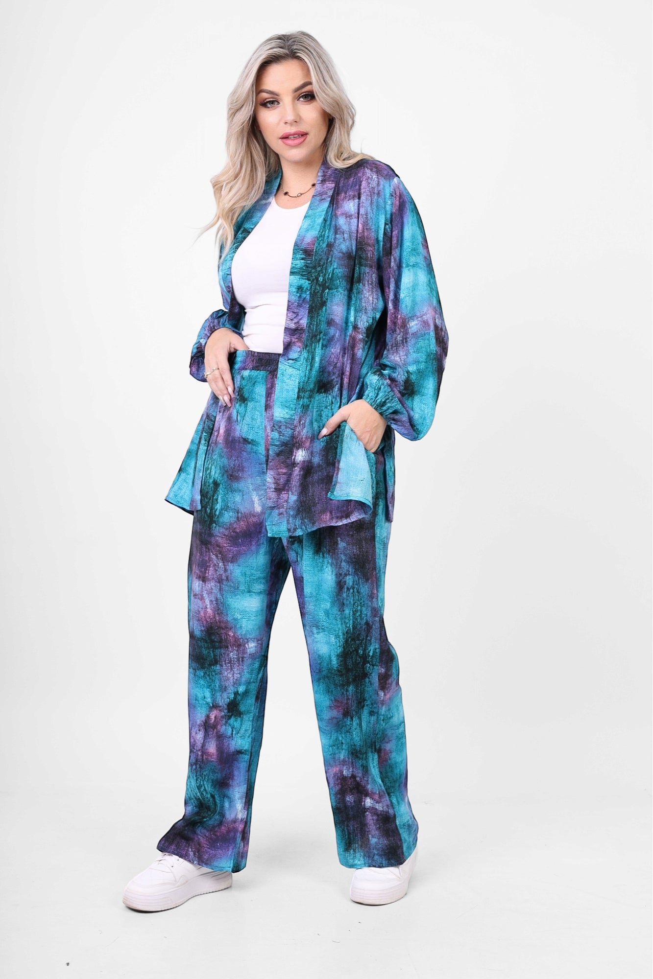 Printed Tie-Front Blouse & Wide-Leg Pants Set