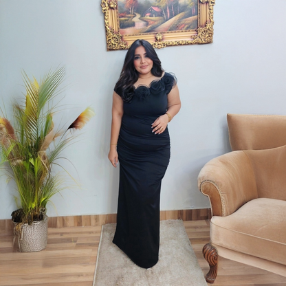 Black Evening Dress with Floral Neck