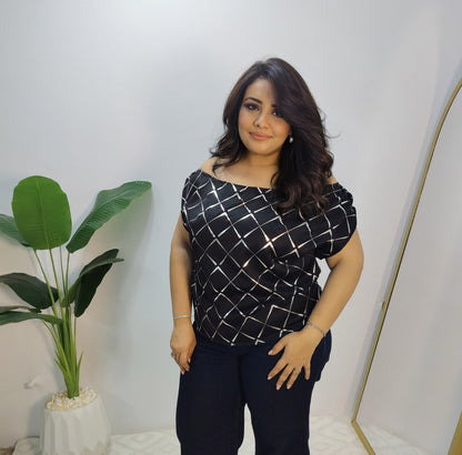 Black Satin Off-Shoulder Blouse