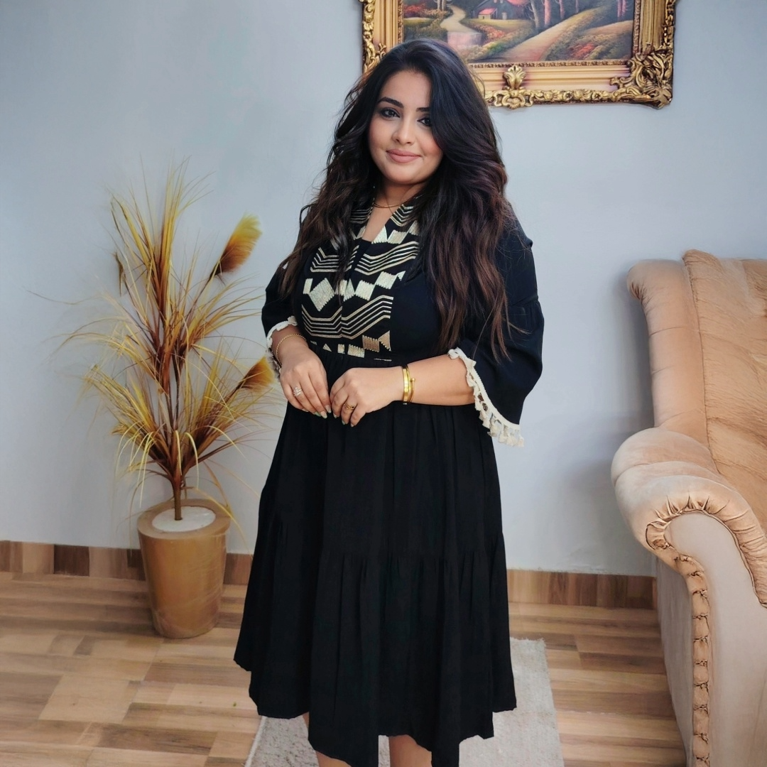 Black Soft-Crepe Embroidered Dress