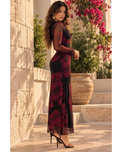 Burgundy Bloom Maxi Dress - Black
