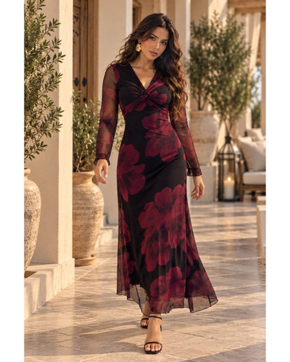 Burgundy Bloom Maxi Dress - Black