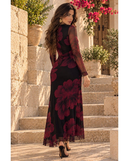 Burgundy Bloom Maxi Dress - Black
