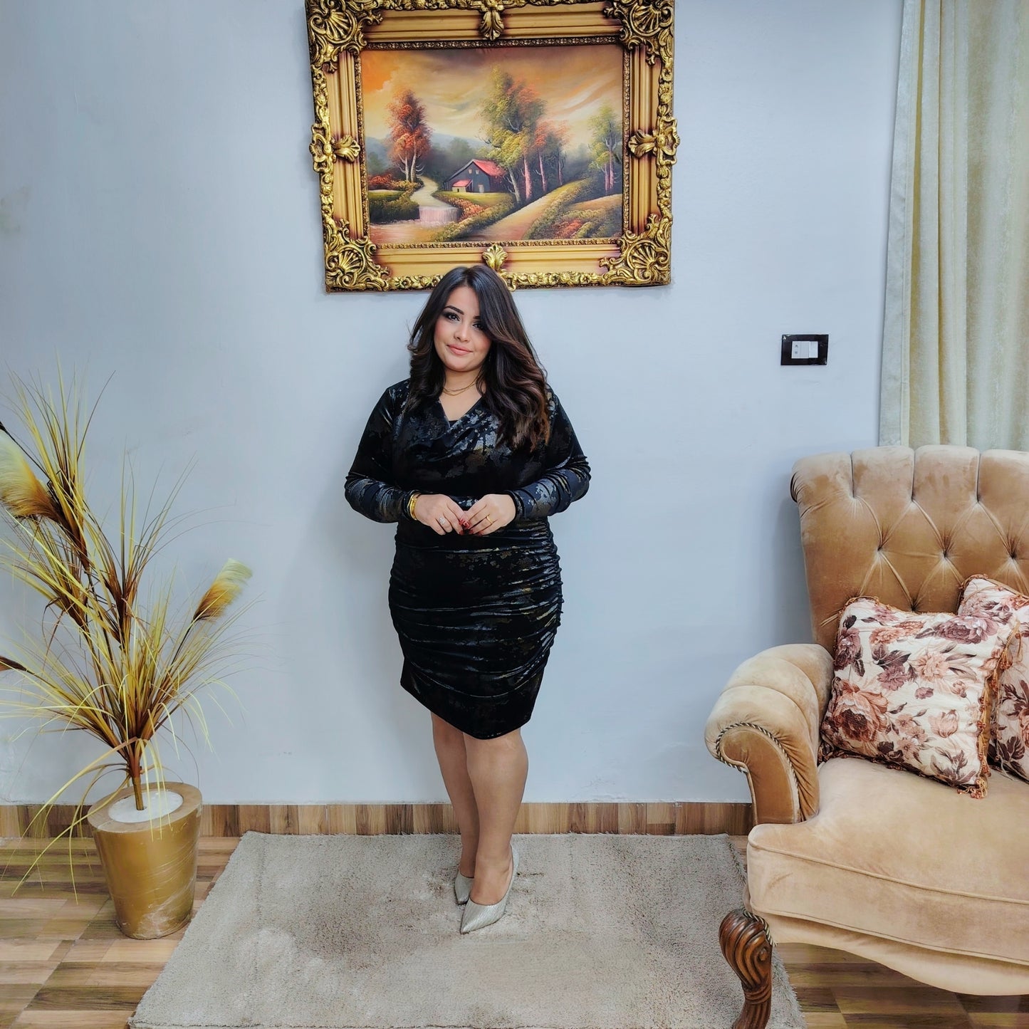 Black Velvet Ruched Evening Dress