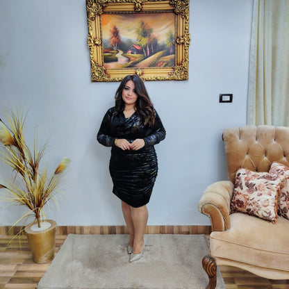 Black Velvet Ruched Evening Dress