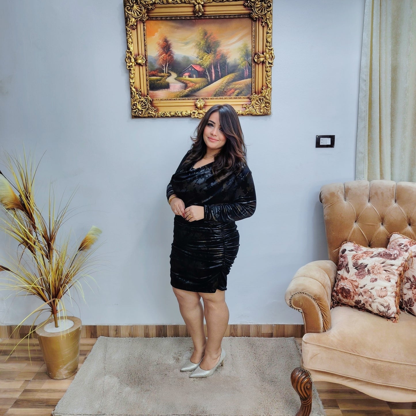 Black Velvet Ruched Evening Dress