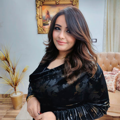 Black Velvet Ruched Evening Dress