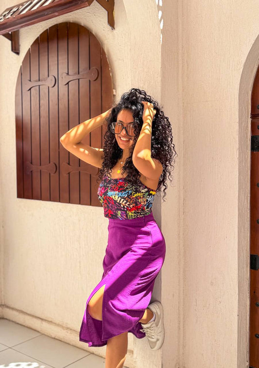 Colorful Top with Purple Slit Skirt