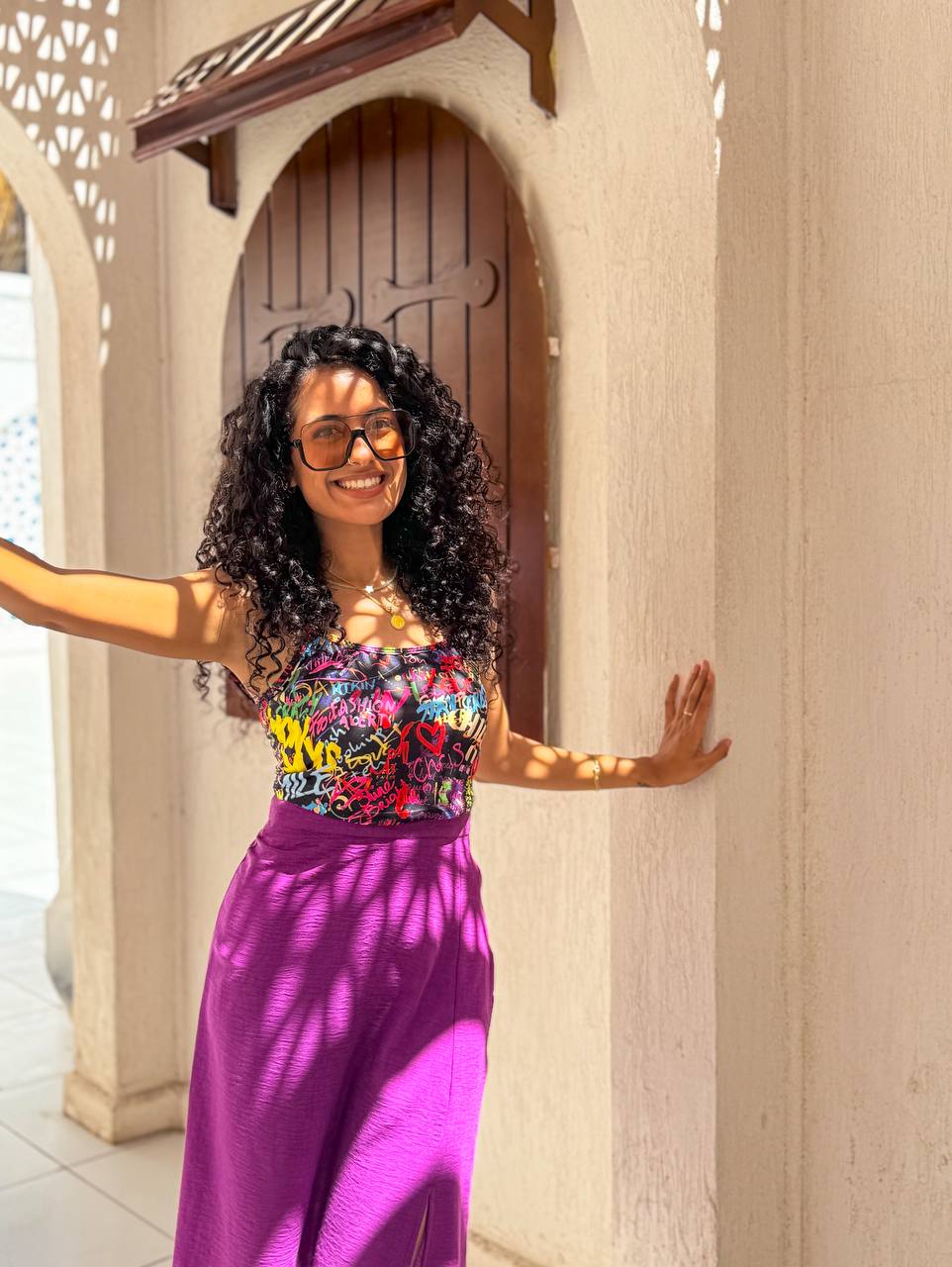 Colorful Top with Purple Slit Skirt