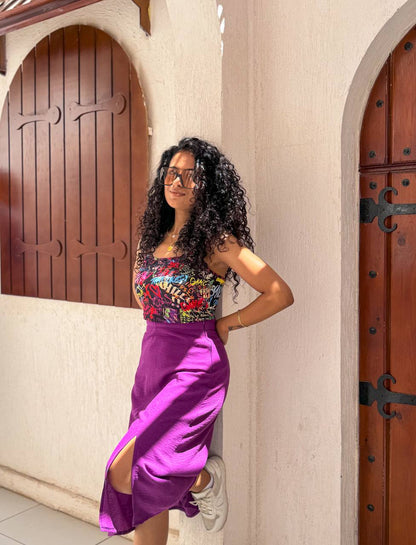 Colorful Top with Purple Slit Skirt