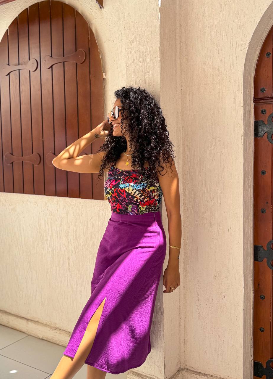 Colorful Top with Purple Slit Skirt