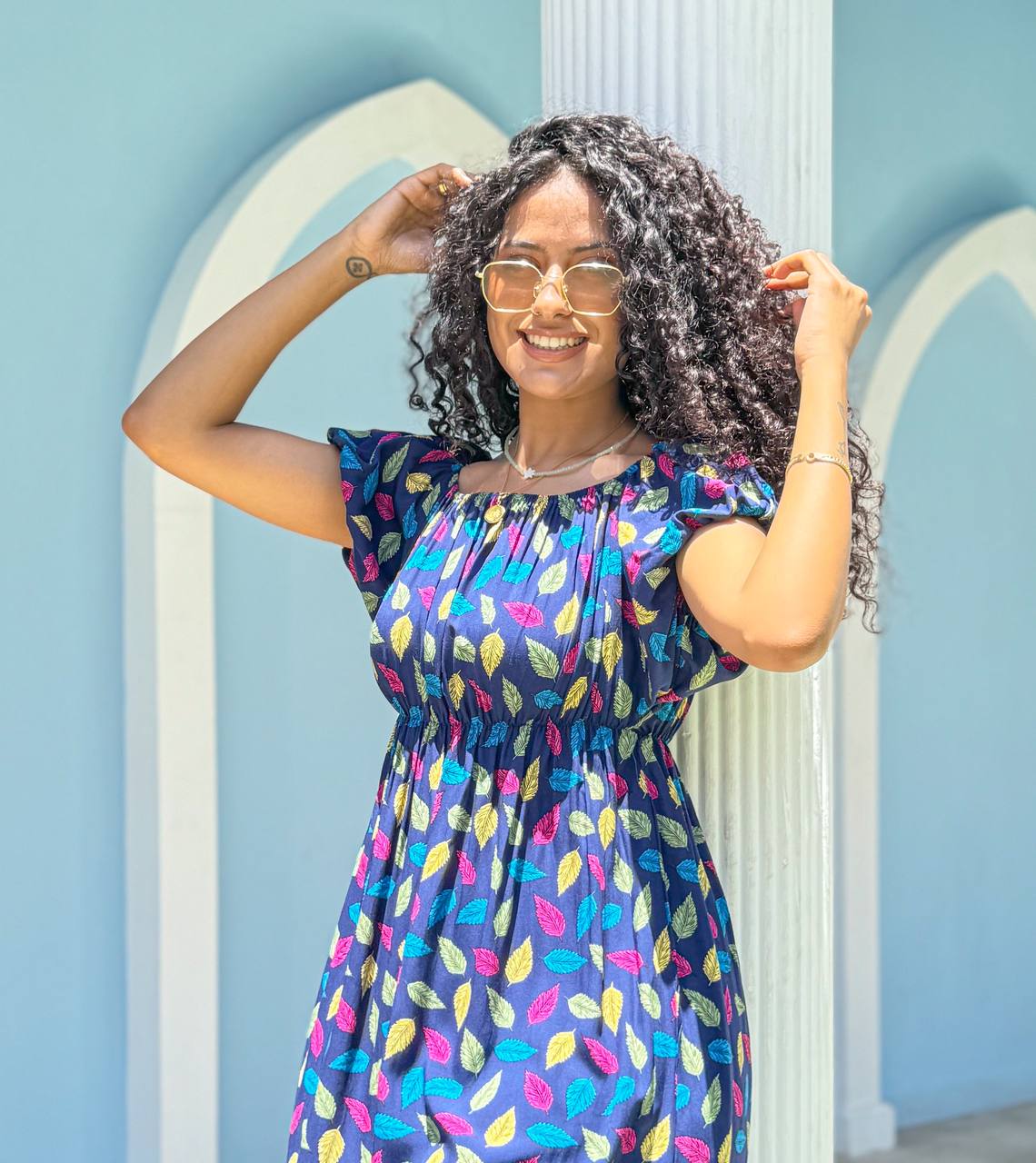 Leaf Print Off-Shoulder Casual Dress