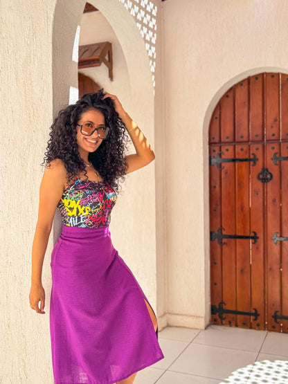 Colorful Top with Purple Slit Skirt