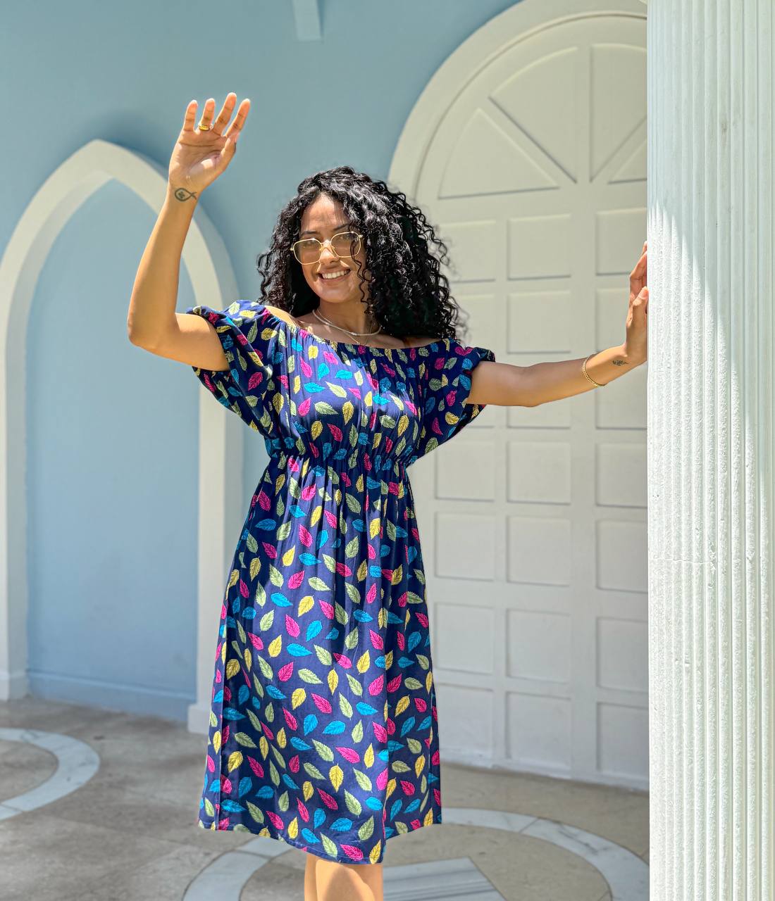 Leaf Print Off-Shoulder Casual Dress