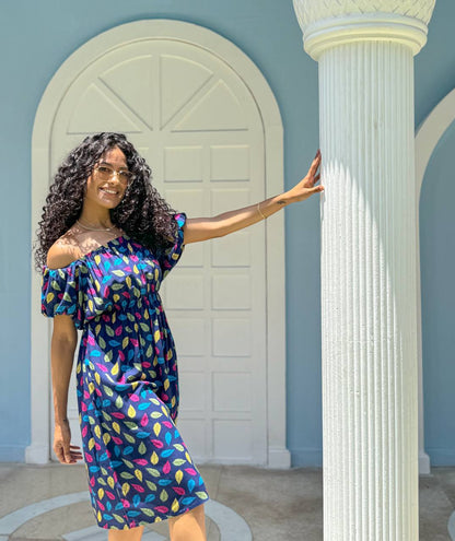 Leaf Print Off-Shoulder Casual Dress