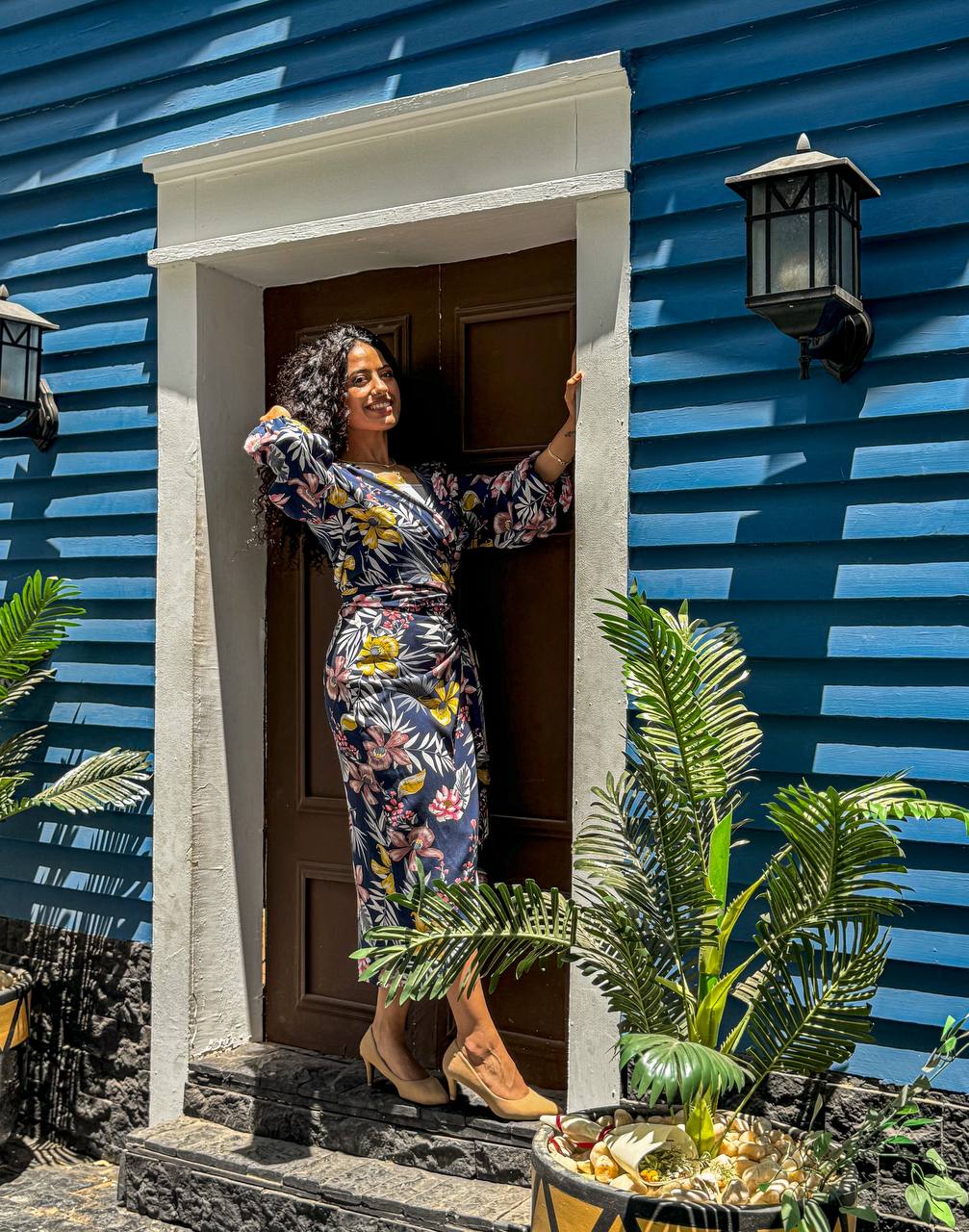 Floral Blue Wrap Midi Dress