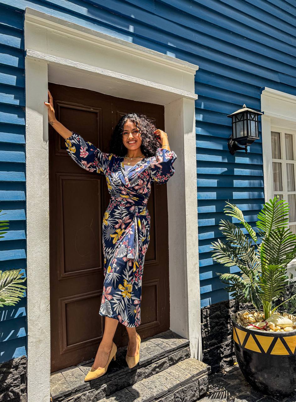 Floral Blue Wrap Midi Dress