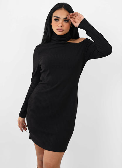 Ribbed One-Shoulder Turtleneck Dress