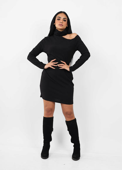 Ribbed One-Shoulder Turtleneck Dress